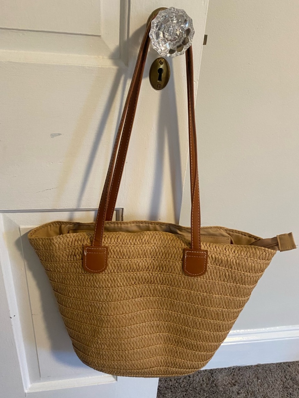 Woven Straw Tote Bag with Brown Detailing